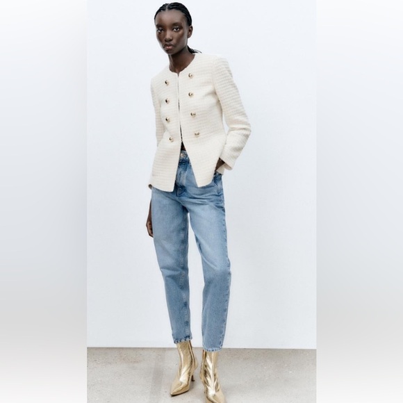 Zara Cream Textured Blazer Jacket Gold Buttons Old Money Women's Size XL - Picture 1 of 16